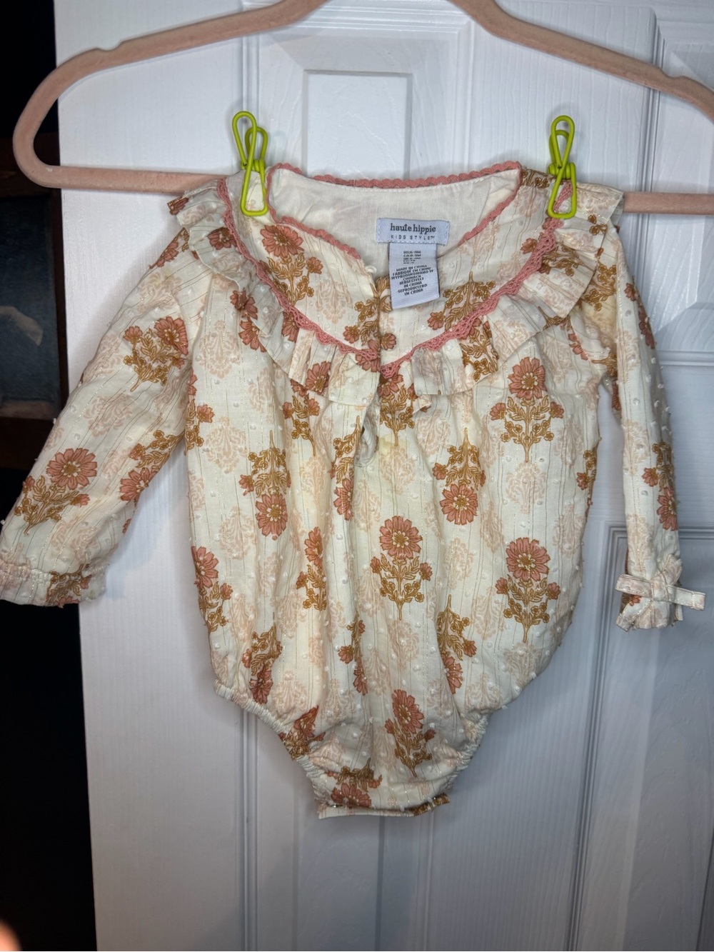 Haute Hippie Cream Floral Ruffle One-Piece with Pink Trim